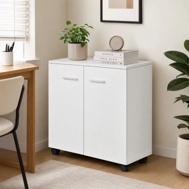 HOMCOM Mobile Sideboard Cabinet, Sideboard Storage Cabinet with 2 Doors and Internal Shelf for Office, 60 x 35 x 65 cm, White