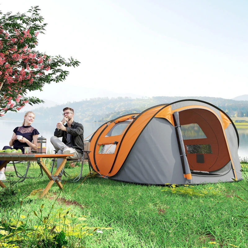 Outsunny Tenda da Campeggio Pop Up 3 Posti con 2 Porte, 4 Finestre e Telo, 263.5x220x123 cm, Arancione