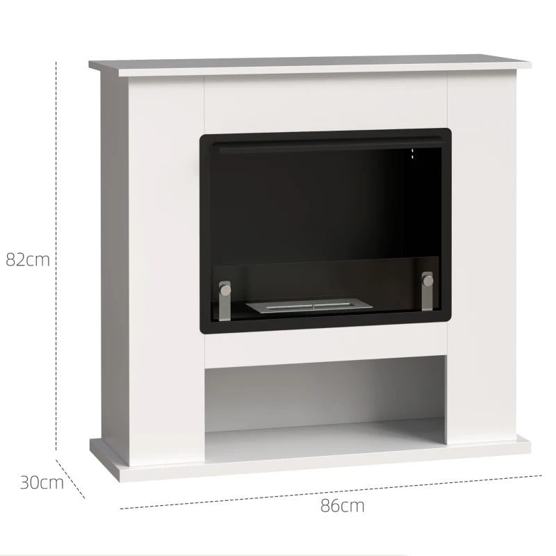 HOMCOM Camino a Bioetanolo da 0.9L con Ripiano Inferiore, in Acciaio Inox e Vetro Temperato, 86x30x82 cm, Bianco