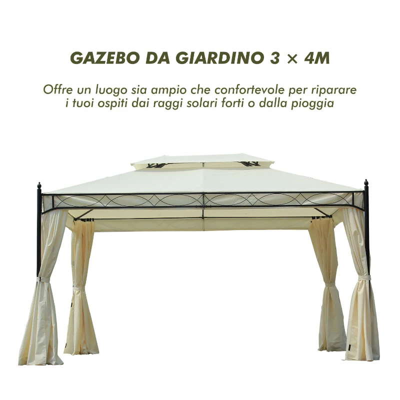 Outsunny Gazebo da Giardino 3x4m in Acciaio con Doppio Tetto e 4 Tende Laterali, Crema