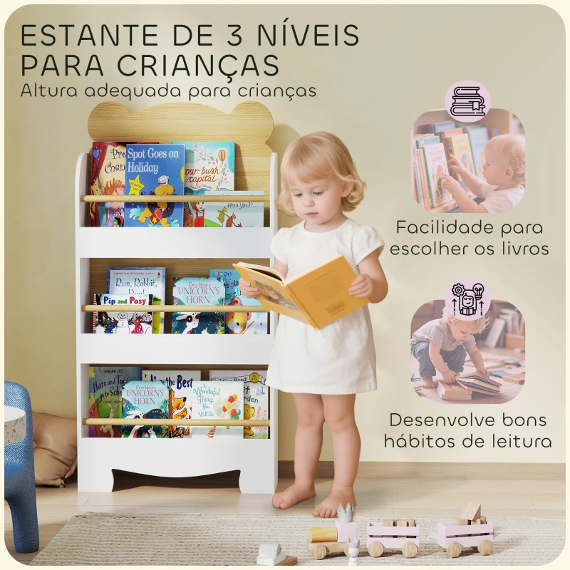 AIYAPLAY Estante Infantil de 3 Níveis Estante para Livros Infantil Desenho de Ursinho 55x15x110 cm Branco e Madeira