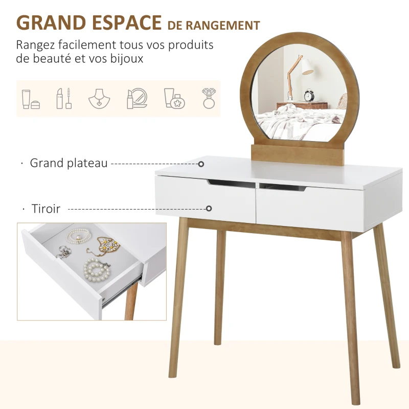 HOMCOM Coiffeuse Design scandinave Table de Maquillage avec Miroir, 2 tiroirs et Tabouret Blanc pin Clair