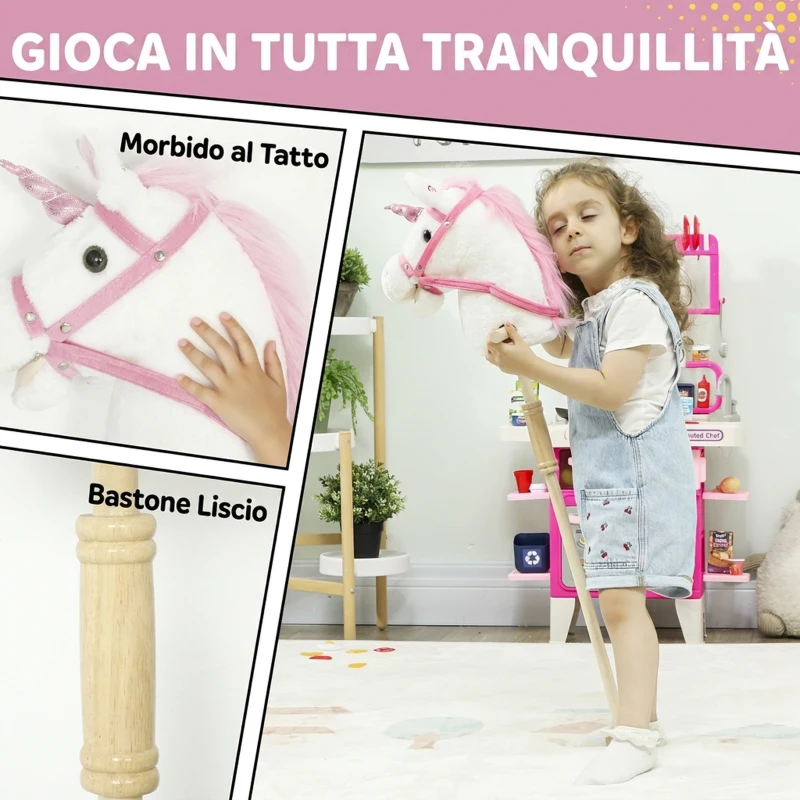 AIYAPLAY Cavallo con Bastone Unicorno per Bambini 24+ Mesi con Suoni Realistici e Ruote, 95x25x27 cm, Bianco