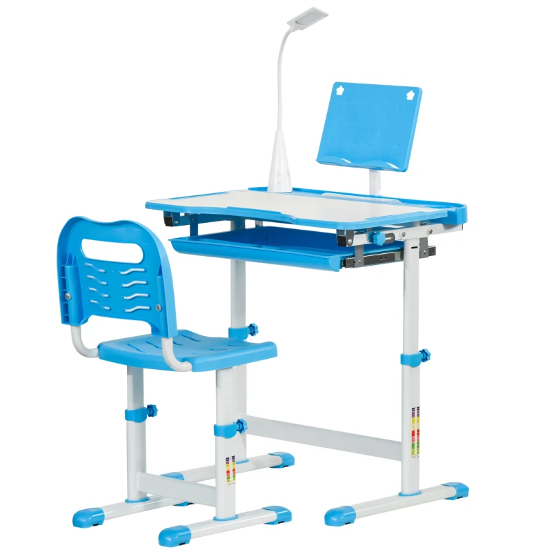 HOMCOM Kids Study Desk and Chair Set w/ Adjustable Height, Storage, Drawer, Blue