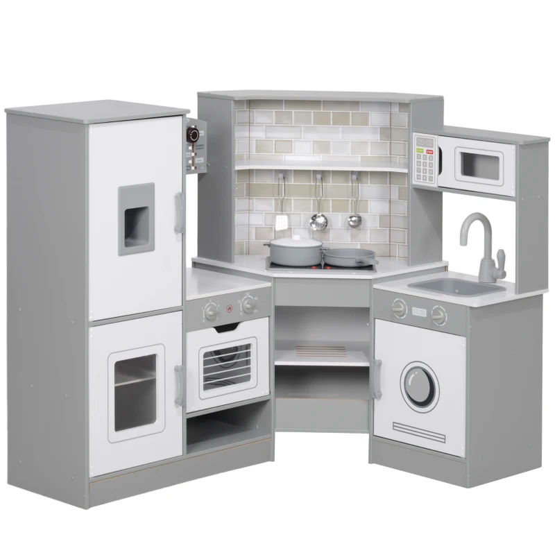 AIYAPLAY Cocinita Infantil con Sonido Fogón Horno Grifo Fregadero Microondas Lavadora Máquina de Hielo y Accesorio de Cocina Gris