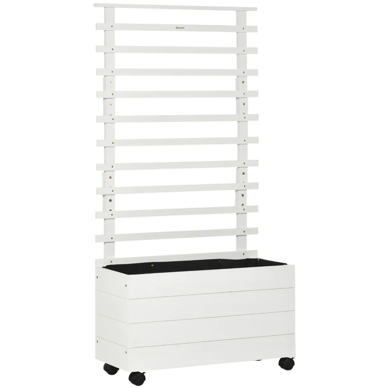Outsunny Jardinera con Enrejado de Madera Maciza Soporte con 4 Ruedas Celosía y Malla Geotextil 76x30x155 cm Blanco