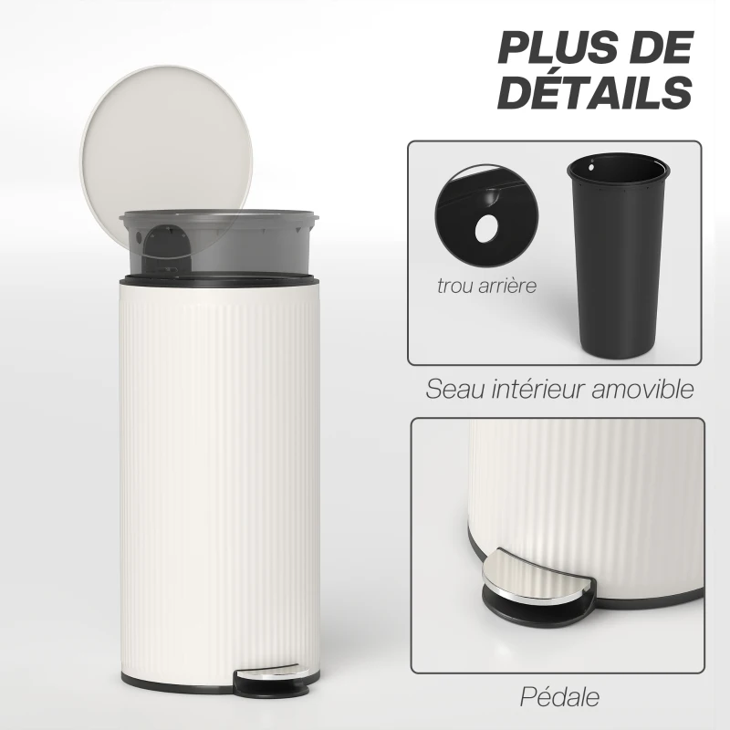 HOMCOM Poubelle cuisine 30L, poubelle à pédale avec seau intérieur amovible, couvercle à fermeture douce, 36x30x60,5cm, crème