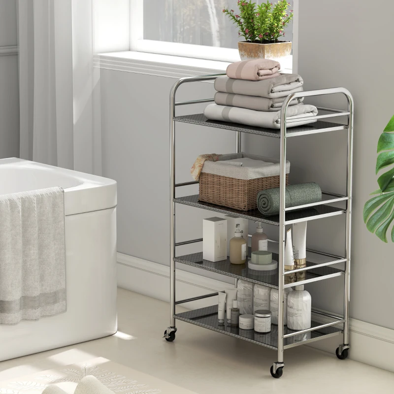 HOMCOM Carrello Multiuso a 4 Livelli con 2 Ripiani Regolabili e Bordi Rialzati, in Acciaio Inox, 60x35x100 cm