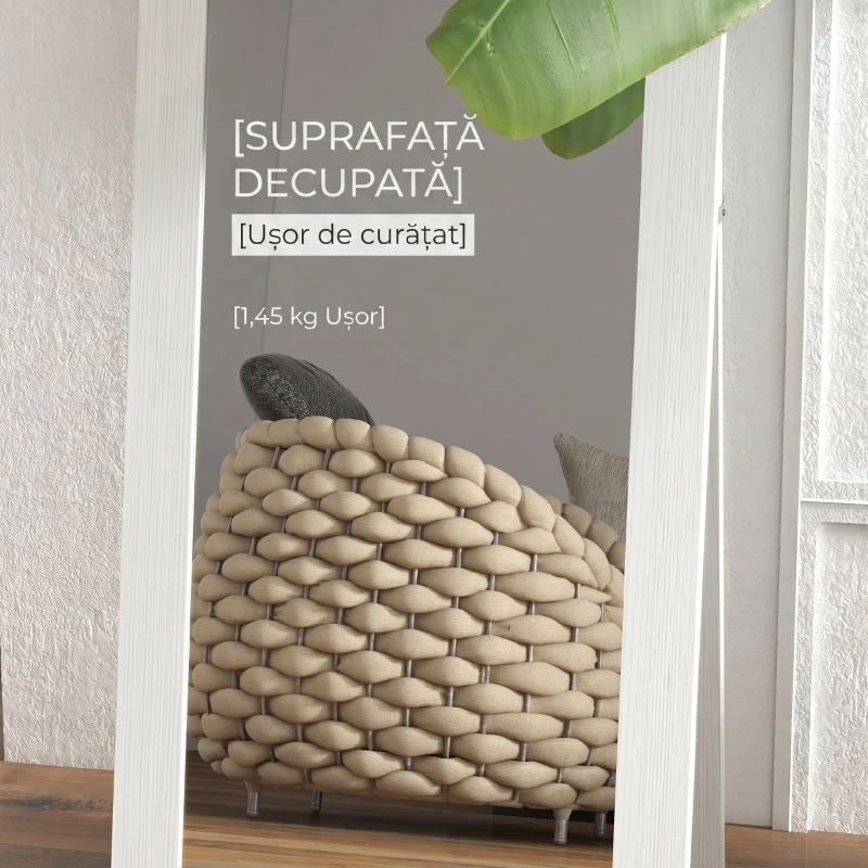 HOMCOM Oglindă cu Cadru din MDF, Picioare și Agățători pentru Utilizare pe Perete sau Independent, 37x40x155 cm