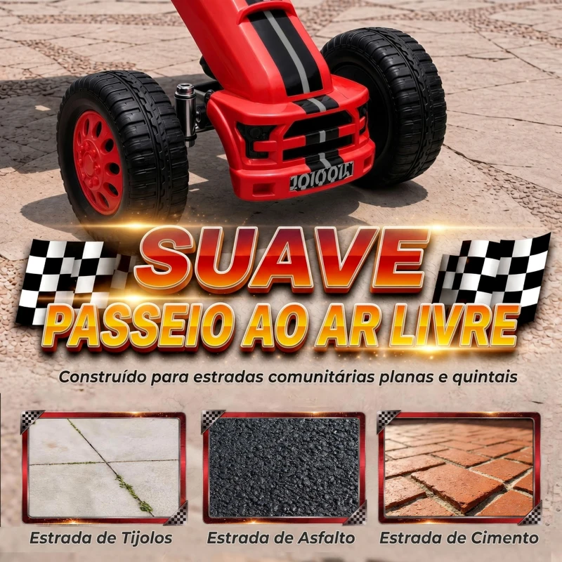 AIYAPLAY Go-Kart para Crianças +3 Anos com Assento Ajustável, Volante, Travão de Mão, Estrutura em Alumínio e Aço, até 30 kg, Vermelho
