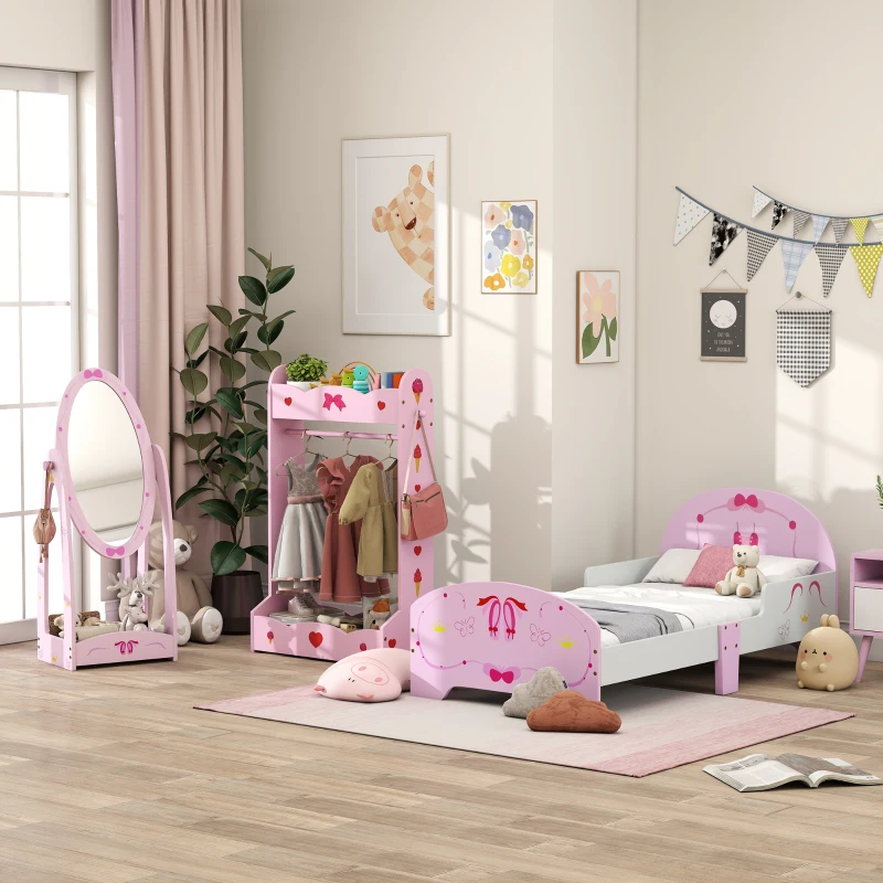 AIYAPLAY Kids Bed with Safety Rails, Kids Clothes Rail, Kids Full Length Mirror, 3 Piece Kids Furniture Set for Bedroom, Pink