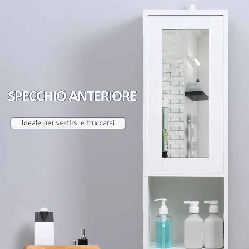 kleankin Colonna Bagno Salvaspazio in Legno con Specchio e Apertura a Pressione, 30x28x170cm, Bianco