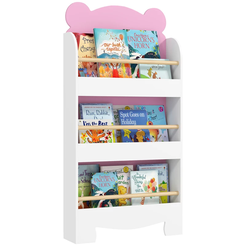 AIYAPLAY Bibliotecă pentru copii cu 3 rafturi, în formă de ursuleț cu bariere frontale, 55x15x110 cm, roz