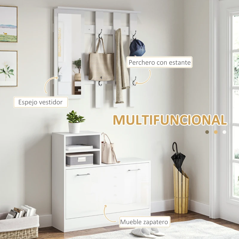 HOMCOM Recibidor con Espejo Perchero y Zapatero Muebles de Entrada con 6 Ganchos y Estantes para 8 Pares de Zapatos Blanco