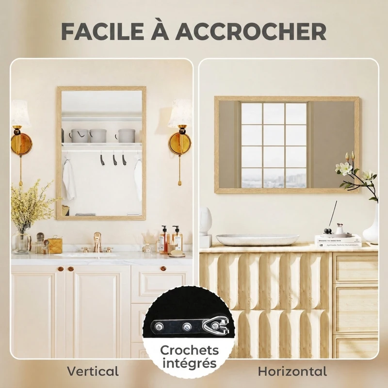 HOMCOM Miroir mural rectangulaire 60 x 40 cm, cadre en bois naturel, idéal pour la salle de bain, salon ou chambre