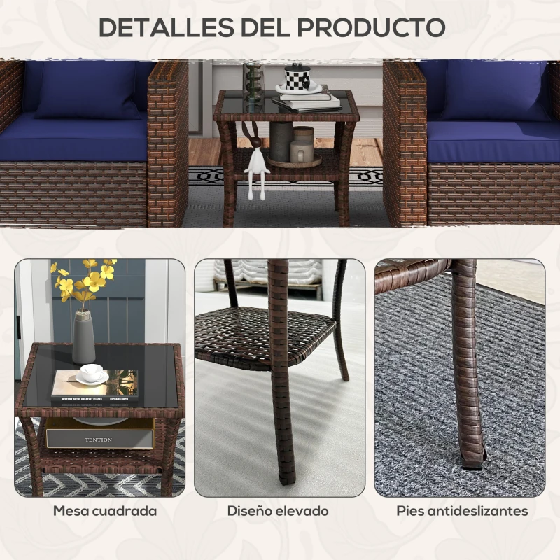 Outsunny Mesa de Ratán PE Cuadrada 50x50x45 cm Mesa de Jardín con Estante Encimera de Cristal y Marco de Acero Carga 30 kg Marrón