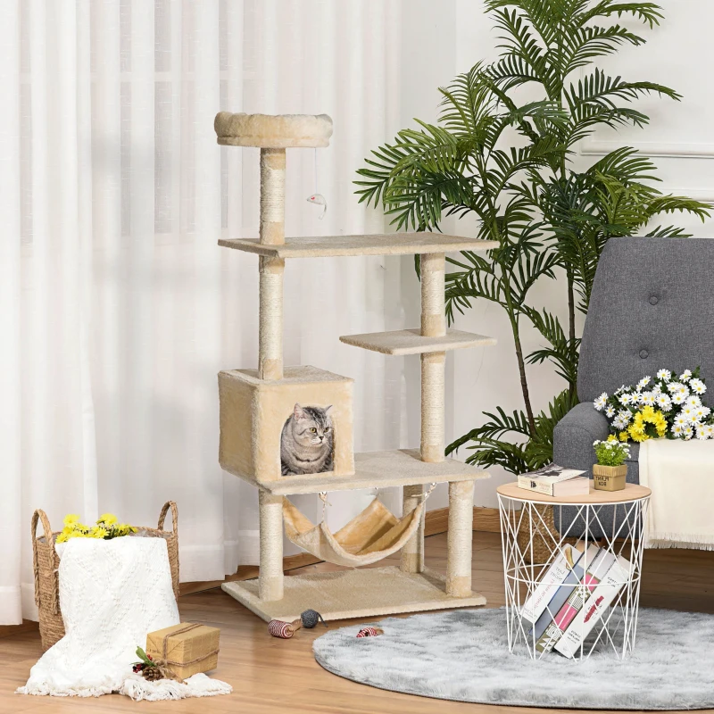PawHut Árbol Rascador para Gatos Grande 70x40x152 cm Torre para Gatos con Múltiples Plataformas Cueva Hamaca Postes Beige