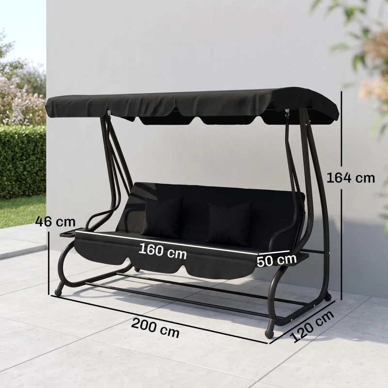 Outsunny Three-Person garden Swing Chair, with Adjustable Canopy - Black