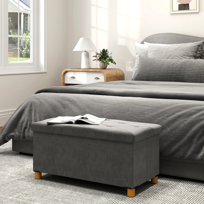 HOMCOM Banco de Armazenamento Dobrável Capacidade de 67 L  Estofado em Veludo Carga 120 kg 76x38x38 cm Cinza