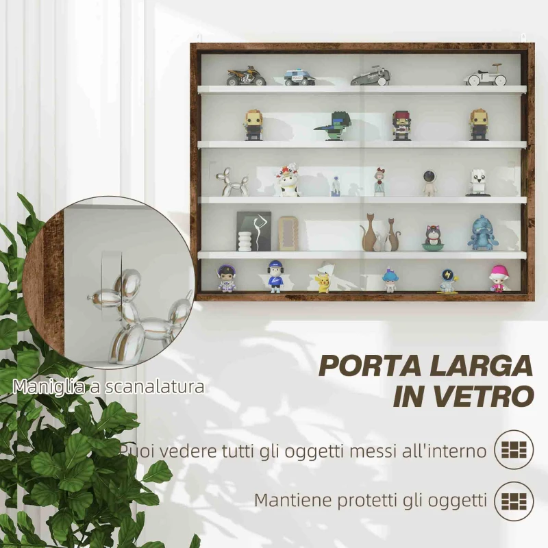 HOMCOM Bacheca Portaoggetti a 4 Ripiani Regolabili, Vetrina a Muro in Vetro e Legno, 80x9.5x60 cm, Marrone