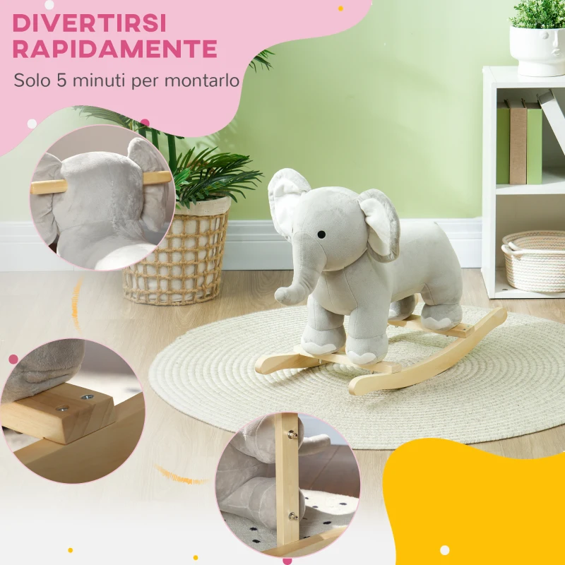 AIYAPLAY Cavallo a Dondolo per Bambini 2-4 Anni a Forma di Elefante con Suoni e Rivestimento Morbido, Grigio