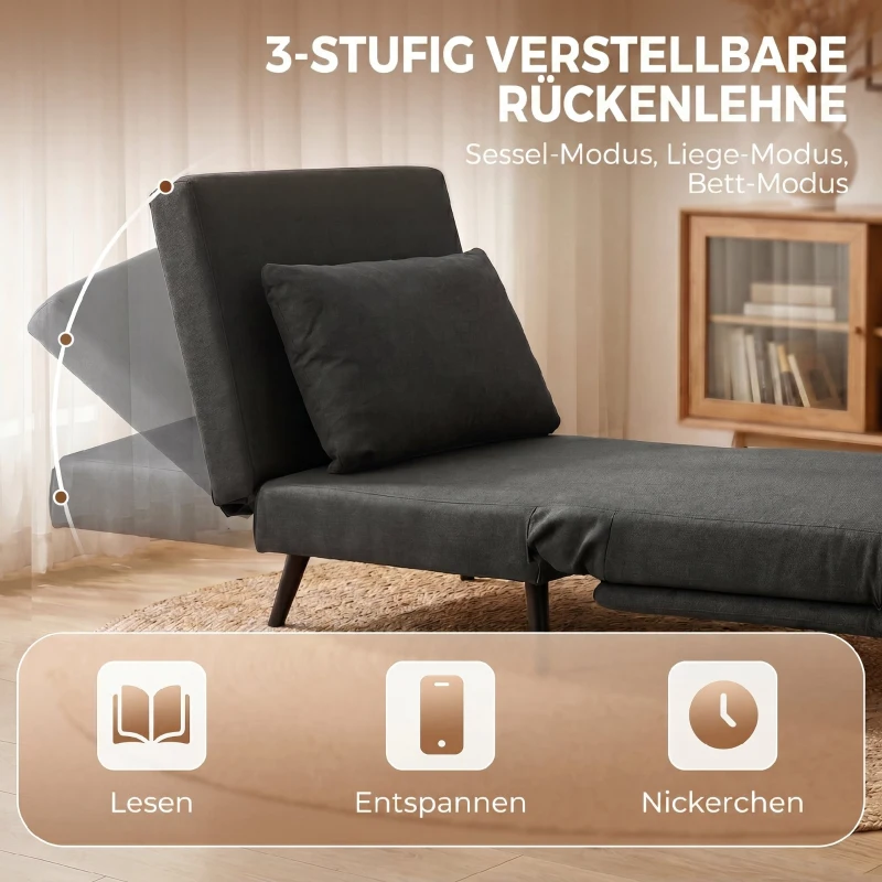 HOMCOM Schlafsessel, 3-in-1 Klappbarer Leinen-Schlafsessel mit verstellbarer Rückenlehne, S-Federn, Metallbeinen, Dunkelgrau