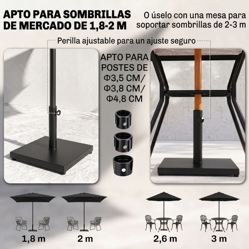 Outsunny Base para Sombrilla de Jardín Peso Neto 18 kg Soporte Pie para Parasol Apto para Postes de Ø35mm/Ø38mm/Ø48mm para Jardín Patio Negro 45x45x39 cm