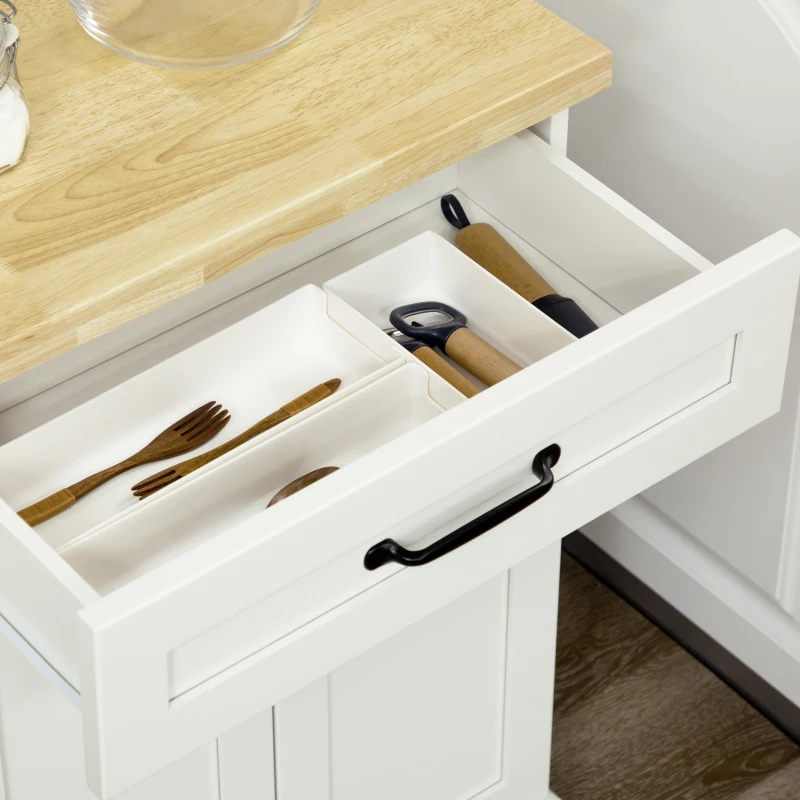 HOMCOM Desserte de cuisine à roulettes multi-rangements 1 tiroir 1 placard 1 portes-torchons blanc et plateau en bois