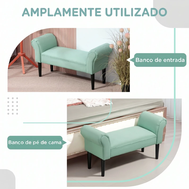 HOMCOM Banco de Pé de Cama Estofado em Linho Sintético com Pés de Madeira Braços e Assento Acolchoado, Verde Claro