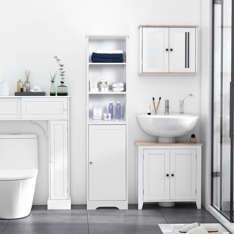 kleankin Armario Alto de Baño de 5 Niveles Columna Auxiliar de Baño con 3 Estantes 1 Puerta y Balda Ajustable 40x38x160 cm Blanco