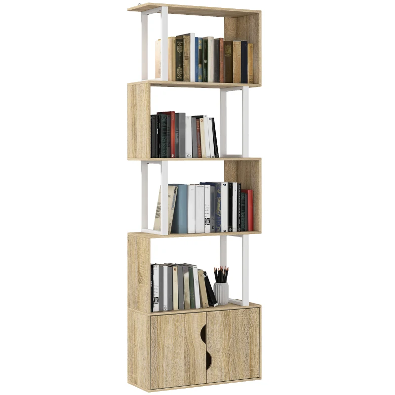 HOMCOM Bibliothèque à 5 niveaux, meuble de rangement avec étagères et placard double porte, 60 x 23,8 x 179,2 cm, bois naturel