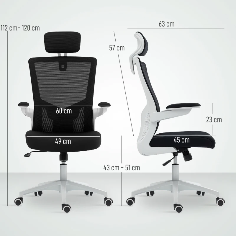 HOMCOM Chaise bureau ergonomique, fauteuil de bureau, accoudoirs relevables, soutien lombaire, appui-tête, 60x63x120cm, noir