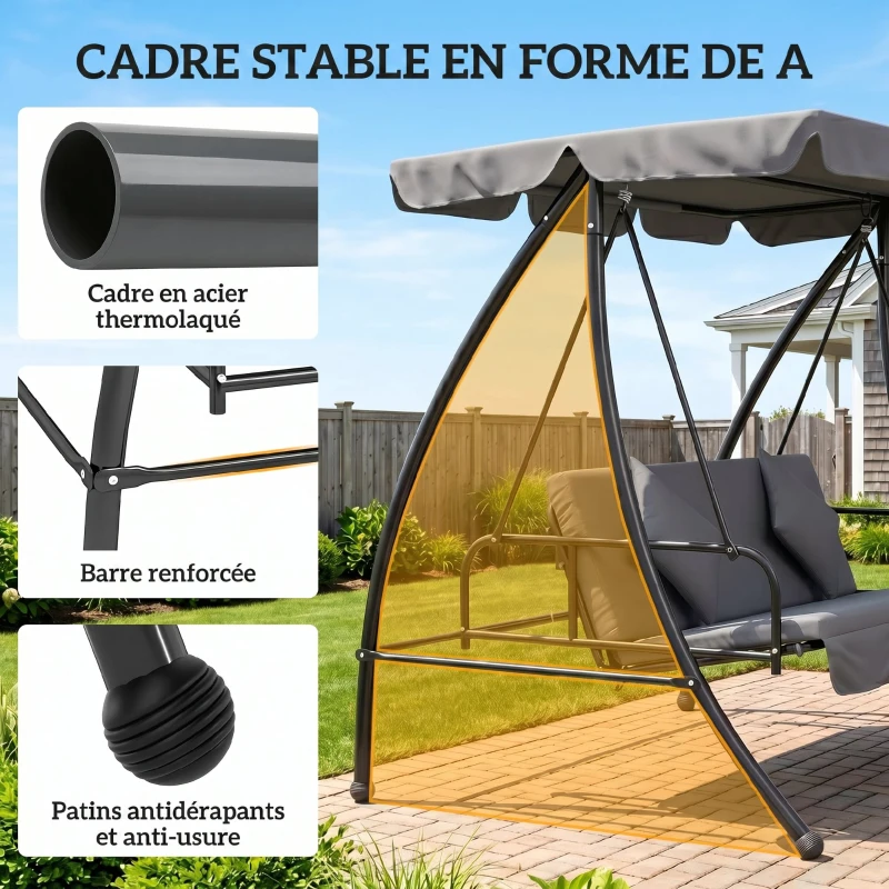 Outsunny Balancelle de Jardin Convertible 3 Places Inclinaison Toit réglable Matelas fourni 2L x 1,25l x 1,7H m métal