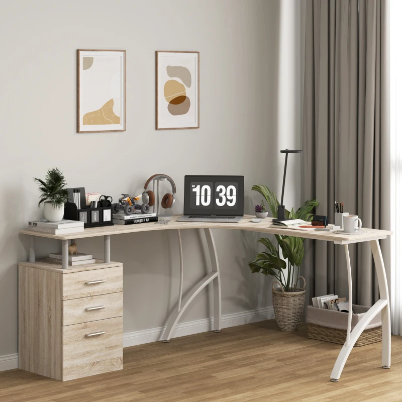 HOMCOM L-Shaped Computer Desk Table with Storage Drawer, Home Office Desk Corner Industrial Style Workstation for A4 Files 143.5 x 143.5 x 76cm, Oak