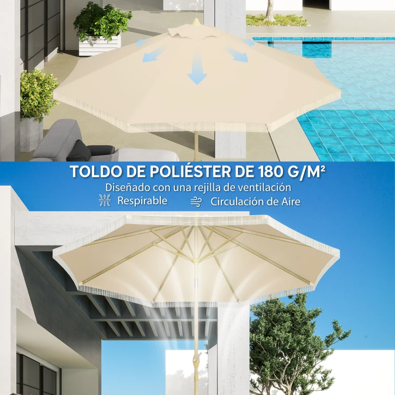 Outsunny Sombrilla de Jardín Ø265x244 cm con Manivela Manual Ángulo Ajustable y Flecos de Estilo Boho para Terraza Piscina Crema
