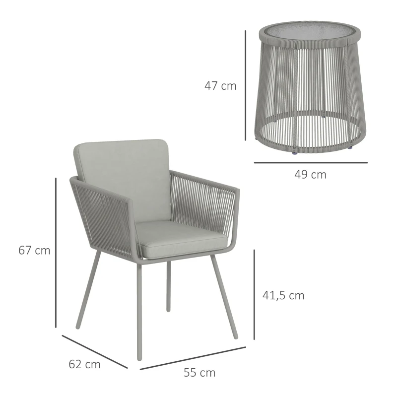Outsunny Ensemble salon de jardin 3 pièces style colonial 2 fauteuils avec coussins gris table basse résine filaire acier époxy