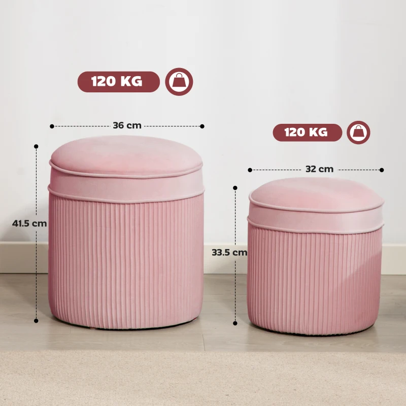 HOMCOM Set 2 Taburete Rotunde Stivuibile și Tapițate, cu Huse din Catifea și Spațiu de Depozitare de 34.8L, Roz