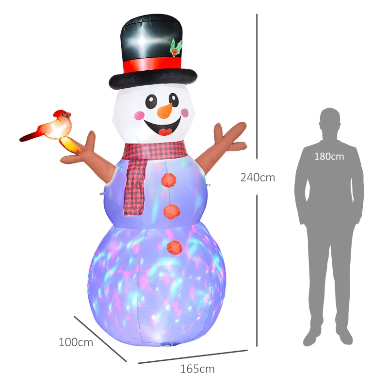 Outsunny Großer Schneemann, 2,40 m, Weihnachtsdeko, mit LEDs, selbstaufblasend, Polyester