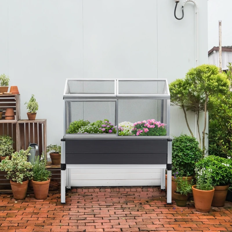 Outsunny Horta Elevada 113,5x61x128,5cm Estufa com Cobertura de Policarbonato com Teto Retrátil e Laterais Deslizantes Estrutura de Alumínio e PVC para Plantas Flores Cinza