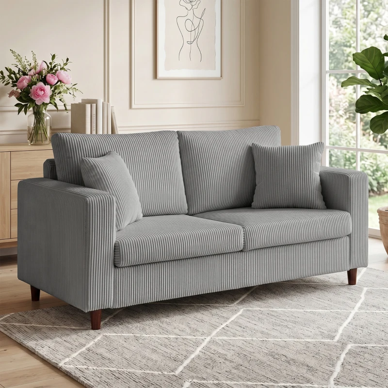HOMCOM Sofá de 2 Plazas Tapizado en Pana con Asiento Ancho y Profundo y Patas de Madera 170x80x82 cm Gris Claro
