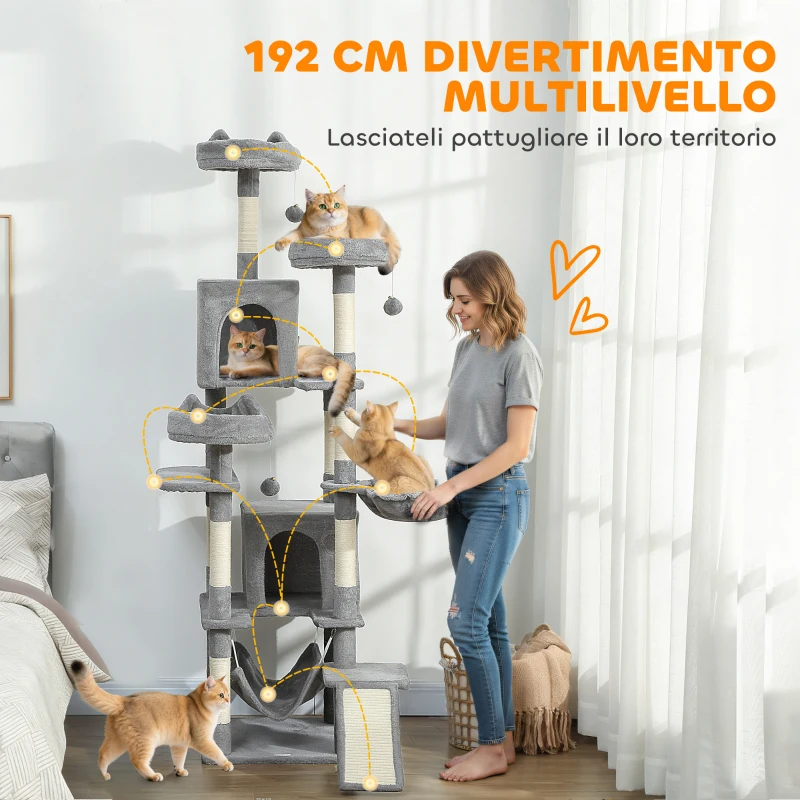 PawHut Albero Tiragraffi per Gatti con Scala, 2 Amache, 3 Posatoi, 2 Casette e 3 Piattaforme, 48x48x192 cm, Grigio e Crema