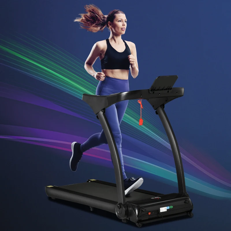 HOMCOM Passadeira de Correr e Andar Dobrável com 12 Programas Velocidade até 14km/h Tela LCD Pulsômetro Superfície 122x41cm e Rodas de Transporte 153x77x124cm Preto