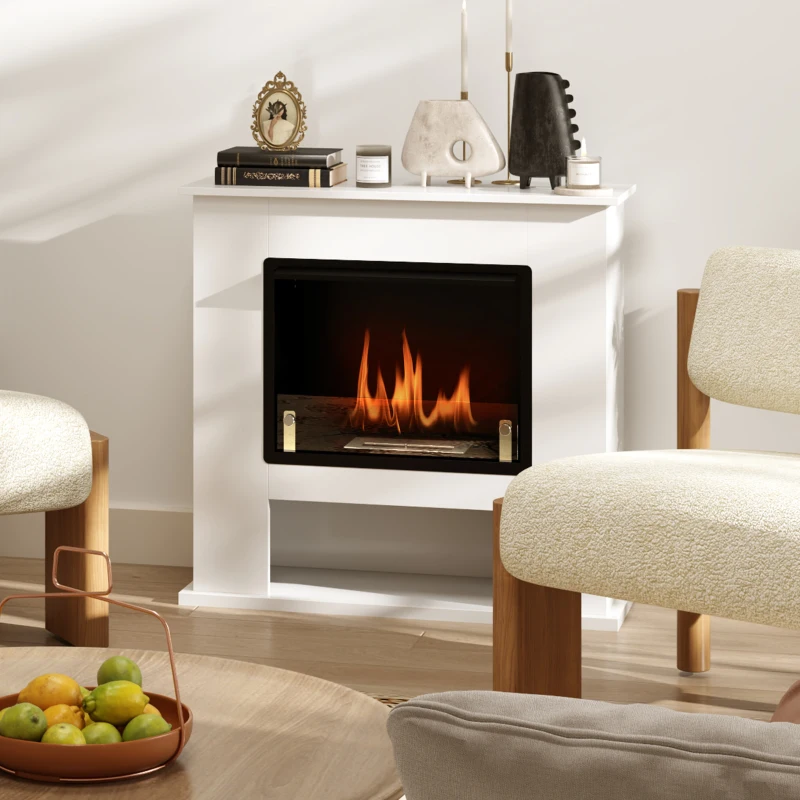HOMCOM Camino a Bioetanolo da 0.9L con Ripiano Inferiore, in Acciaio Inox e Vetro Temperato, 86x30x82 cm, Bianco