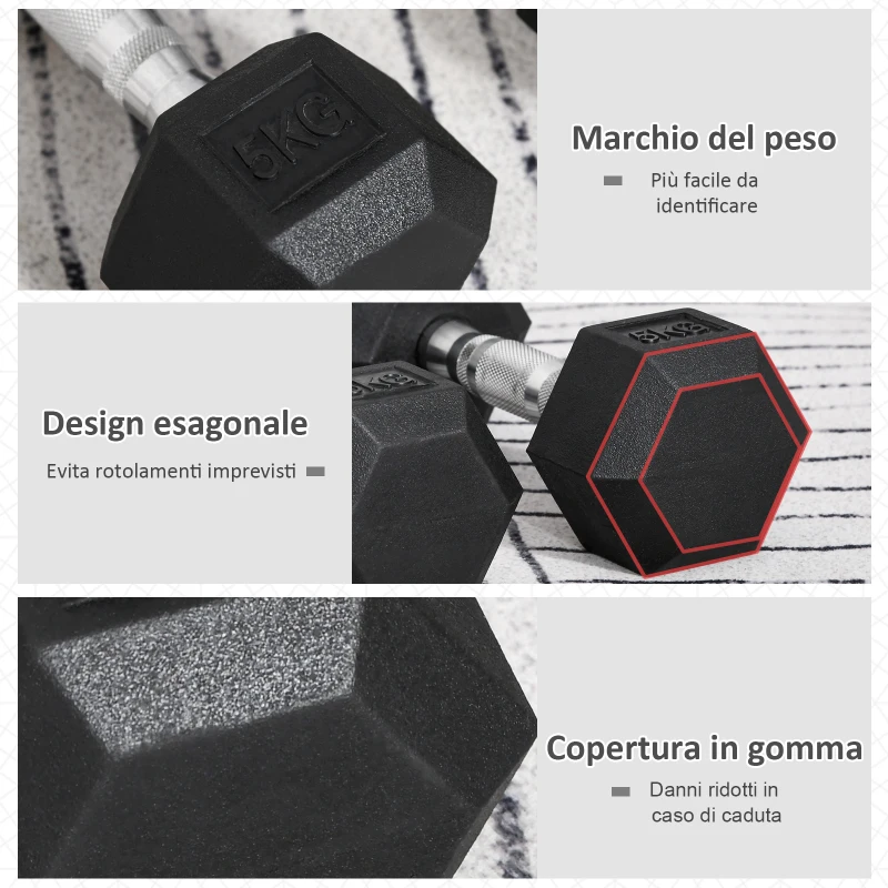 HOMCOM Set di 2 Manubri da Palestra Esagonali da 5kg in Gomma con Impugnatura Antiscivolo, Nero
