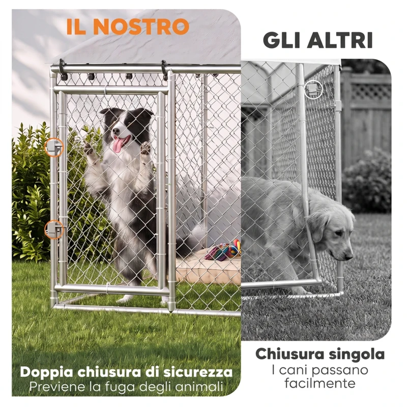PawHut Recinto per Cani da Esterno in Acciaio Zincato con Tetto in PE, Anti-UV, Impermeabile, Argento