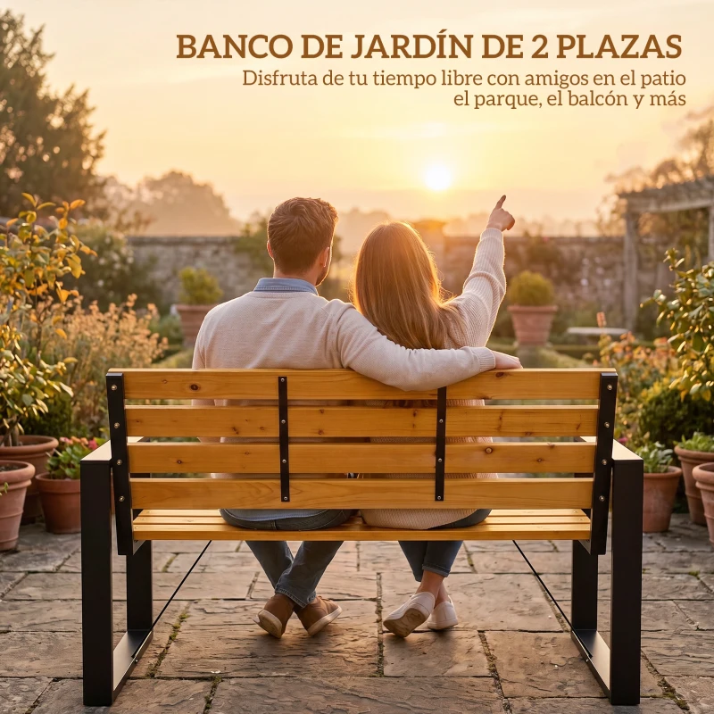 Outsunny Banco de Jardín Exterior de 2 Plazas con Respaldo y Asiento Listonado de Madera Marco de Acero 136x54x82 cm Natural