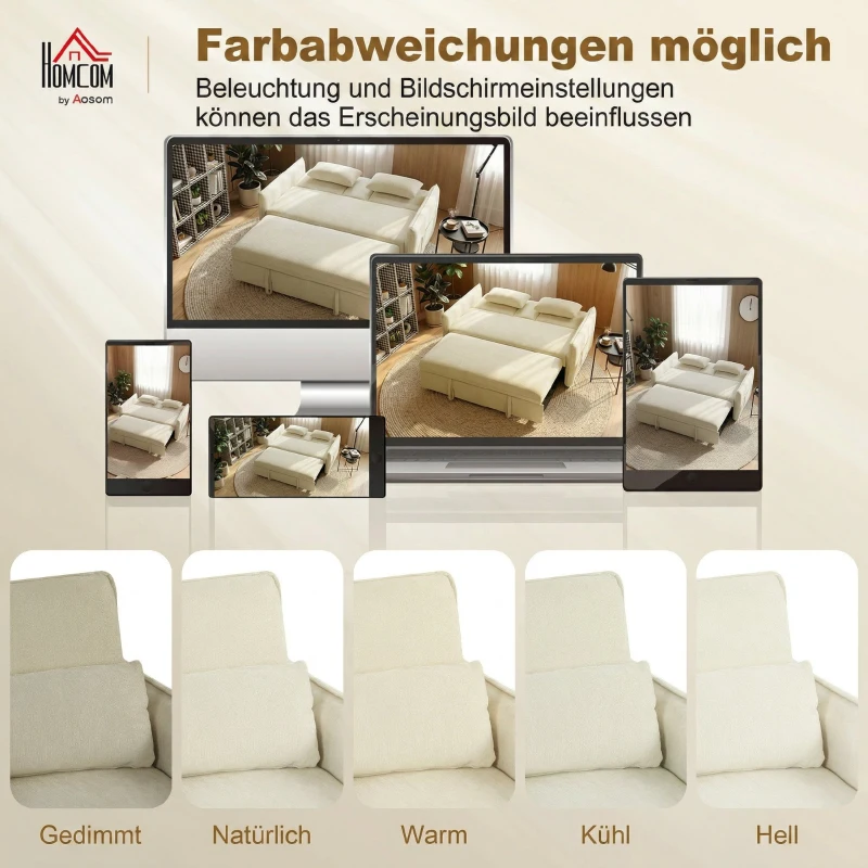 HOMCOM 3-in-1 Verstellbares Schlafsofa, Zweisitzer mit Getränkehaltern, verstellbarer Rückenlehne und Seitentaschen, Beige
