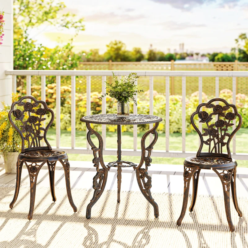 Outsunny Garden Bistro Set with Umbrella Hole, 3 Piece Cast Aluminium Garden Furniture Set, Antique Floral Round Coffee Table and Chairs, Small Balcony Furniture for Outdoor, Patio, Brown Tone