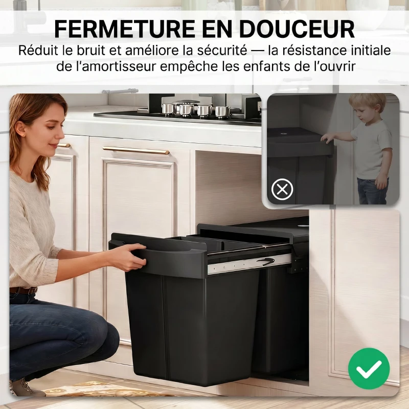 HOMCOM Poubelle sous évier coulissante, poubelle de tri sélectif, 2 x 20L, seaux intérieurs amovibles, 52 x 33,5 x 41 cm, noir