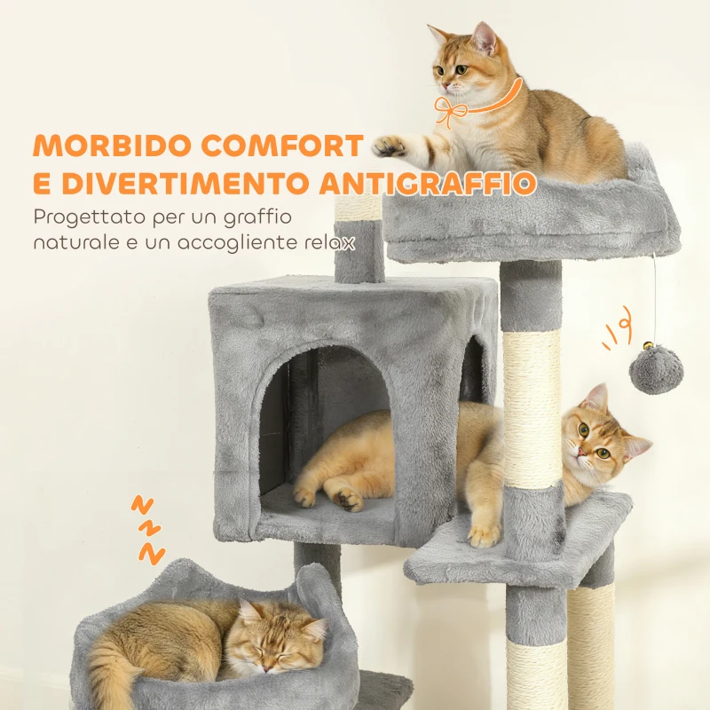 PawHut Albero Tiragraffi per Gatti con Scala, 2 Amache, 3 Posatoi, 2 Casette e 3 Piattaforme, 48x48x192 cm, Grigio e Crema